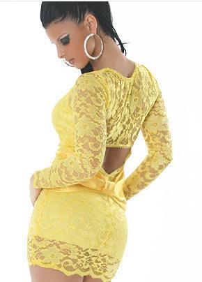 Elegant Sexy Backless Lace Dress - Yellow